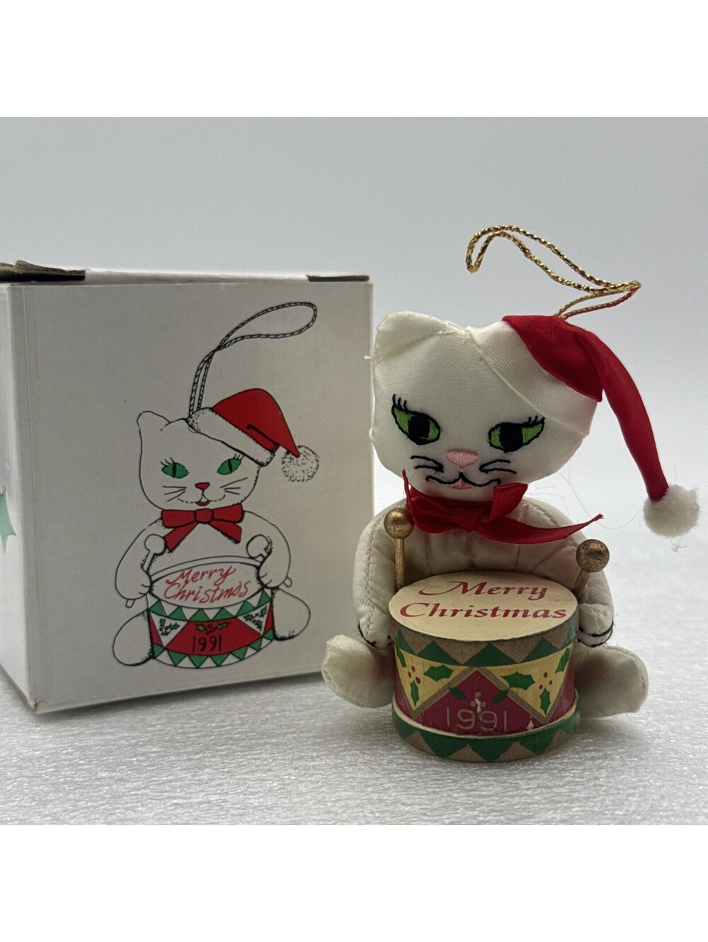Vintage 1991 Fancy Feast Plush Cat Playing Drums 3” Christmas Ornament Russ Box